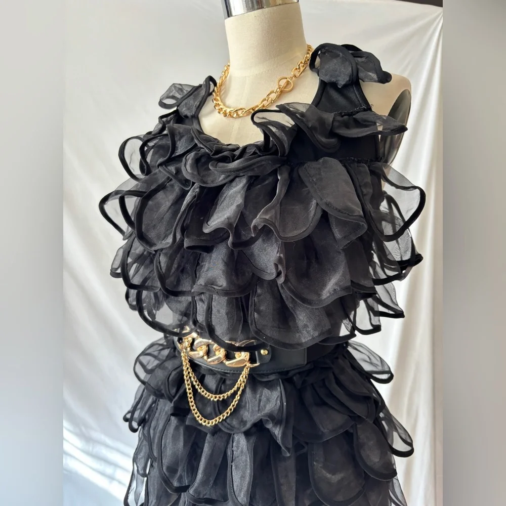 Black cascading ruffle party top M - Picture 2 of 8
